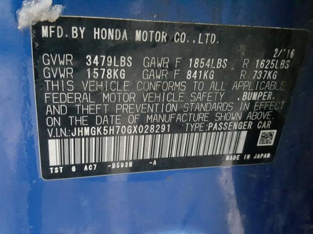 JHMGK5H70GX028291 - 2016 HONDA FIT EX BLUE photo 10