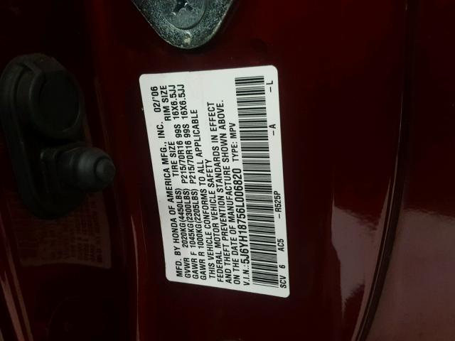 5J6YH18756L006820 - 2006 HONDA ELEMENT EX BURGUNDY photo 10