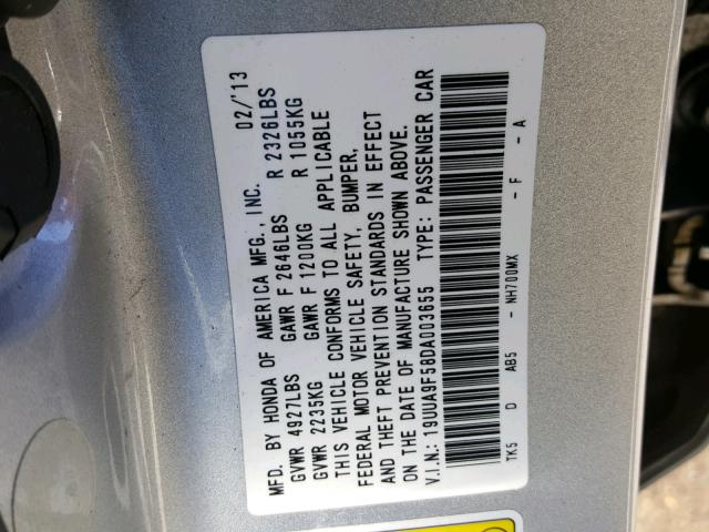 19UUA9F58DA003655 - 2013 ACURA TL TECH SILVER photo 10