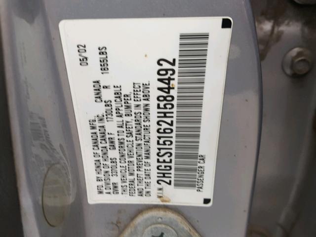 2HGES15162H584492 - 2002 HONDA CIVIC DX SILVER photo 10