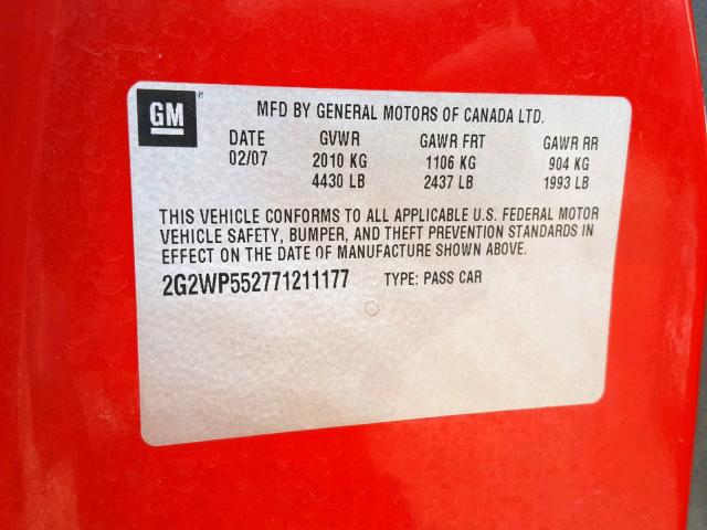 2G2WP552771211177 - 2007 PONTIAC GRAND PRIX RED photo 10