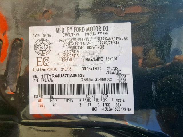 1FTYR44U57PA96528 - 2007 FORD RANGER SUP BLACK photo 10