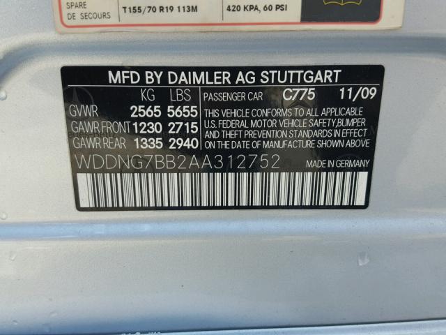 WDDNG7BB2AA312752 - 2010 MERCEDES-BENZ S 550 SILVER photo 10