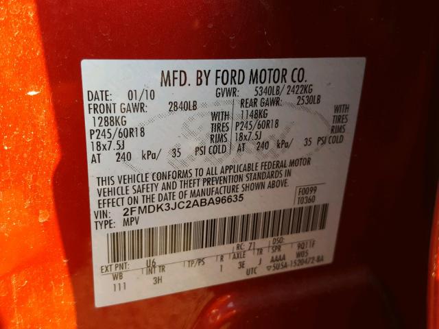 2FMDK3JC2ABA96635 - 2010 FORD EDGE SEL RED photo 10