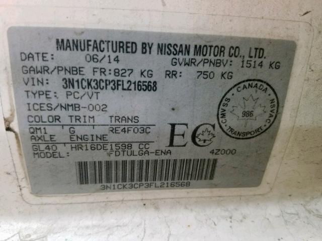 3N1CK3CP3FL216568 - 2015 NISSAN MICRA WHITE photo 10