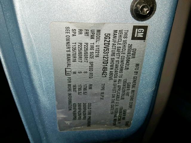 5GZDV53127D149421 - 2007 SATURN RELAY 1 BLUE photo 10