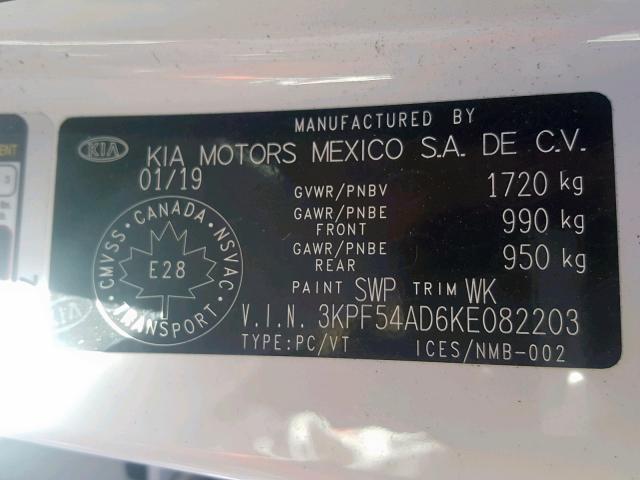 3KPF54AD6KE082203 - 2019 KIA FORTE EX WHITE photo 10