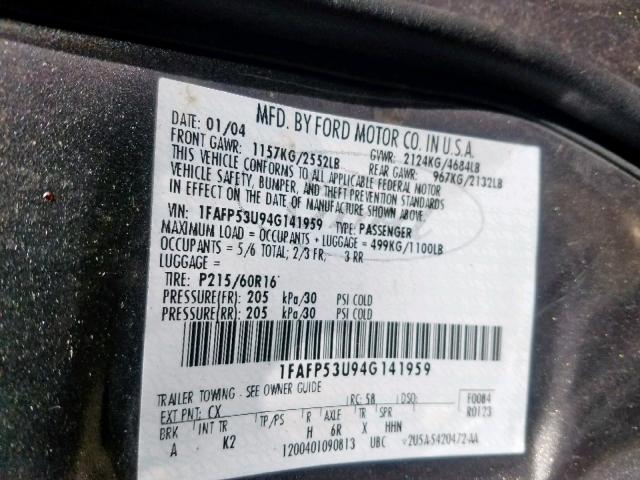 1FAFP53U94G141959 - 2004 FORD TAURUS SE GRAY photo 10