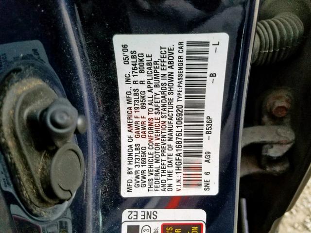 1HGFA16876L106920 - 2006 HONDA CIVIC EX BLUE photo 10