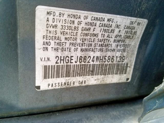 2HGEJ6624WH586139 - 1998 HONDA CIVIC DX BLUE photo 10