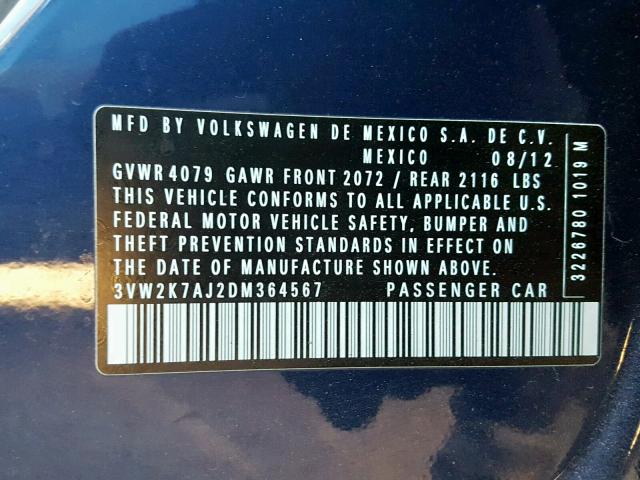 3VW2K7AJ2DM364567 - 2013 VOLKSWAGEN JETTA BASE 蓝色 照片 10
