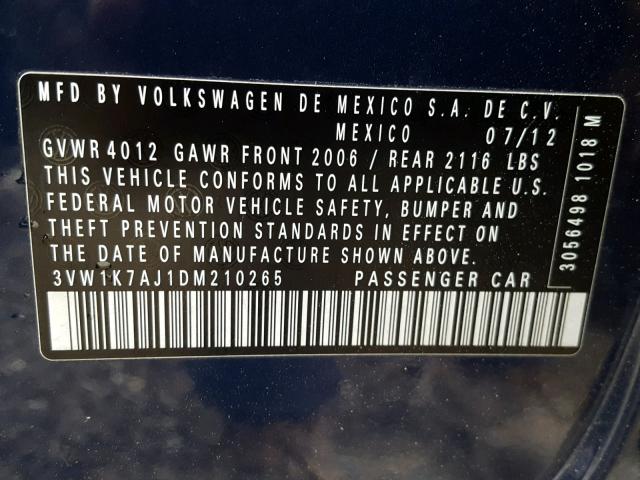 3VW1K7AJ1DM210265 - 2013 VOLKSWAGEN JETTA BASE Կապույտ լուսանկար 10