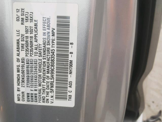 5FNRL5H99CB083545 - 2012 HONDA ODYSSEY TO SILVER photo 10