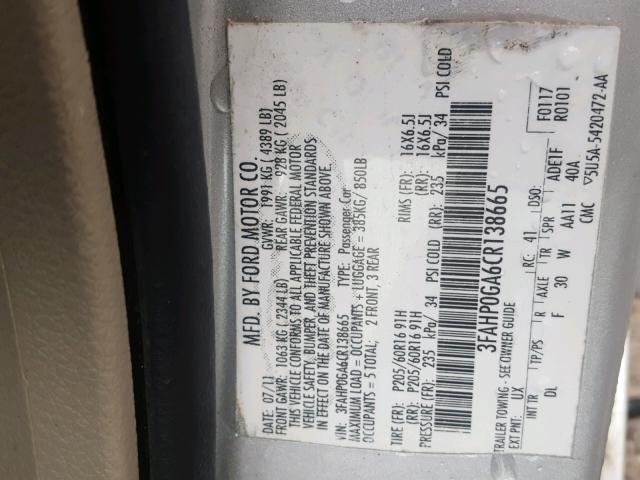 3FAHP0GA6CR138665 - 2012 FORD FUSION S SILVER photo 10