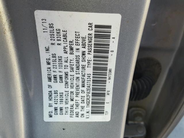 1HGCR2F82EA075345 - 2014 HONDA ACCORD EXL SILVER photo 10