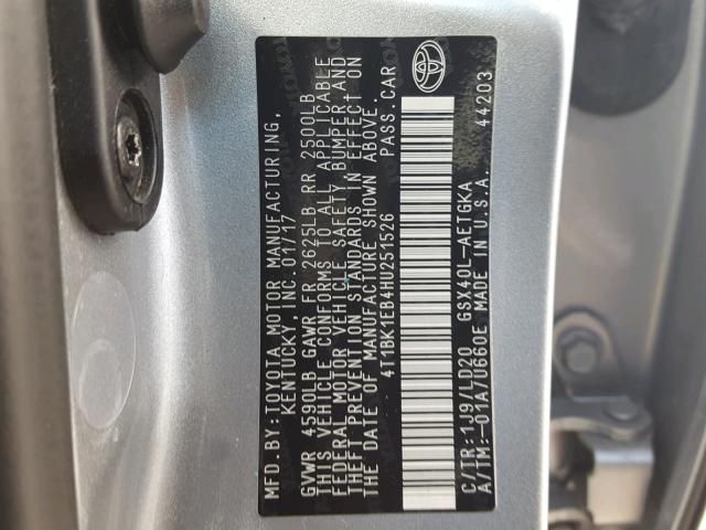 4T1BK1EB4HU251526 - 2017 TOYOTA AVALON XLE SILVER photo 10