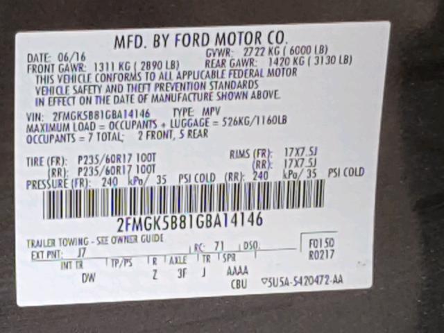 2FMGK5B81GBA14146 - 2016 FORD FLEX SE CHARCOAL photo 10