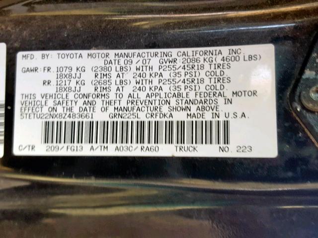 5TETU22NX8Z483661 - 2008 TOYOTA TACOMA X-R BLACK photo 10