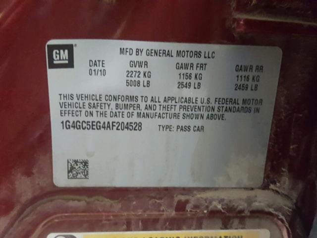 1G4GC5EG4AF204528 - 2010 BUICK LACROSSE C MAROON photo 10