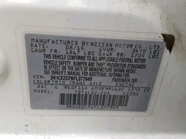 3N1CE2CP6FL377949 - 2015 NISSAN VERSA NOTE WHITE photo 10