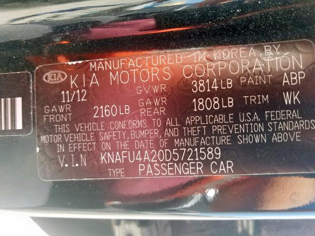 KNAFU4A20D5721589 - 2013 KIA FORTE EX BLACK photo 10