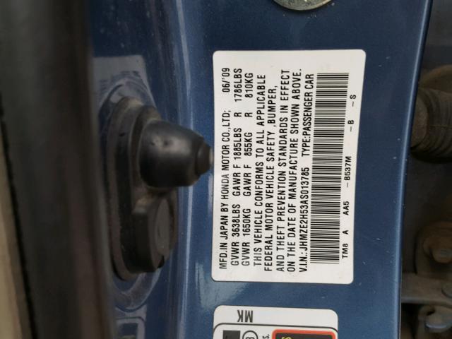 JHMZE2H53AS013785 - 2010 HONDA INSIGHT LX BLUE photo 10