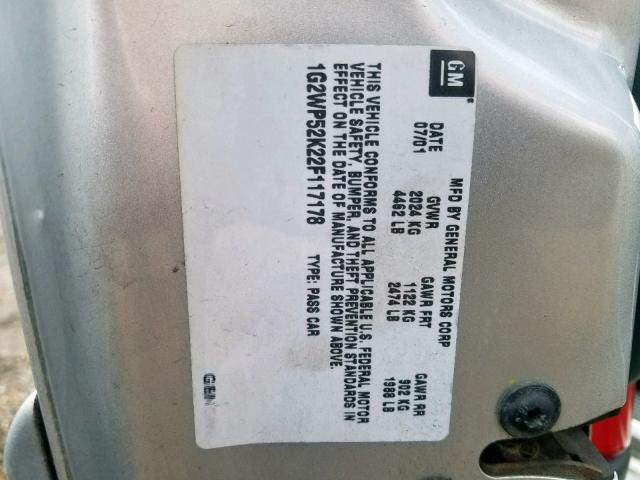 1G2WP52K22F117178 - 2002 PONTIAC GRAND PRIX SILVER photo 10