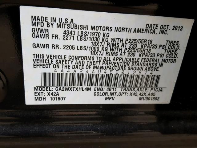 4A4AP4AU4EE012874 - 2014 MITSUBISHI OUTLANDER BLACK photo 10