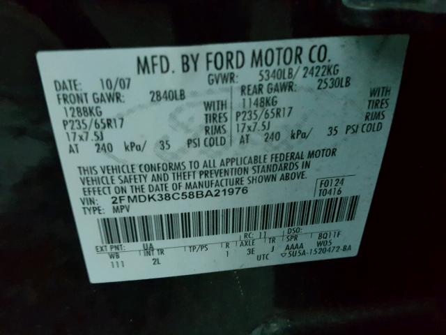 2FMDK38C58BA21976 - 2008 FORD EDGE SEL BLACK photo 10