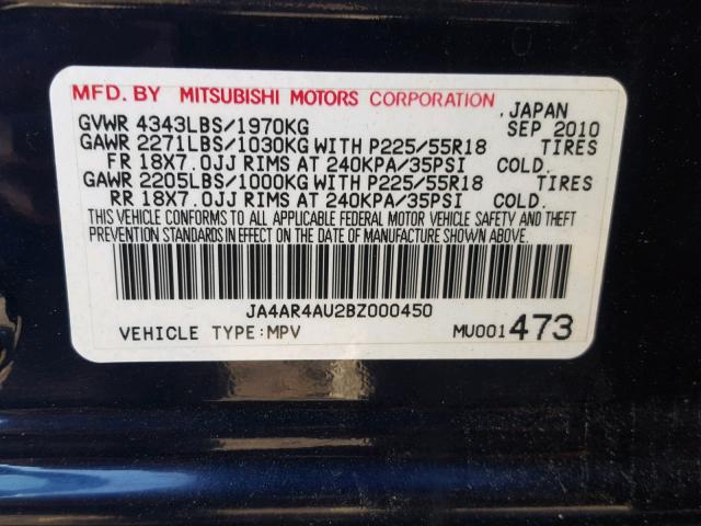 JA4AR4AU2BZ000450 - 2011 MITSUBISHI OUTLANDER BLUE photo 10