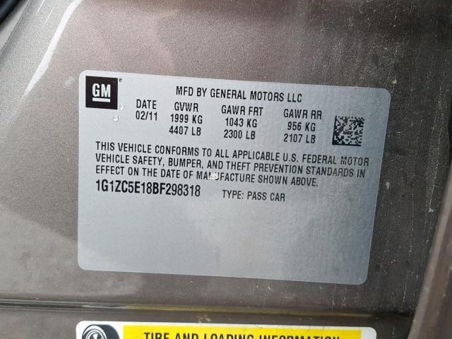 1G1ZC5E18BF298318 - 2011 CHEVROLET MALIBU 1LT 金色 照片 10