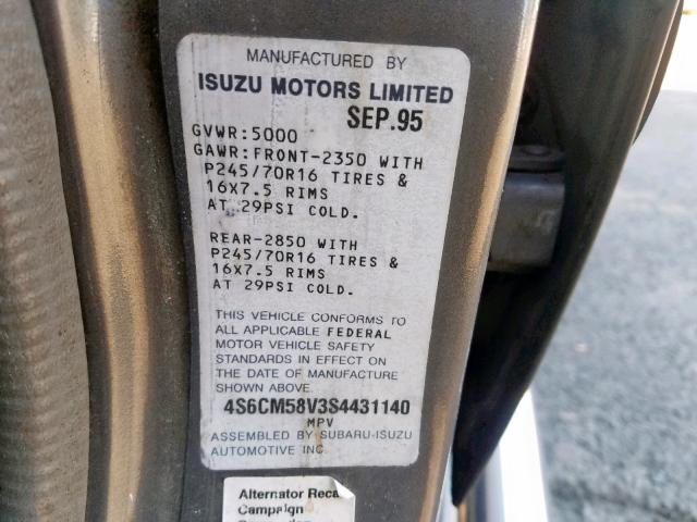 4S6CM58V3S4431140 - 1995 HONDA PASSPORT E GRAY photo 10