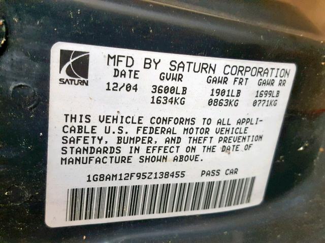 1G8AM12F95Z138455 - 2005 SATURN ION LEVEL RED photo 10