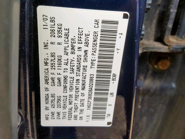 1HGCP36828A020863 - 2008 HONDA ACCORD EXL BLUE photo 10