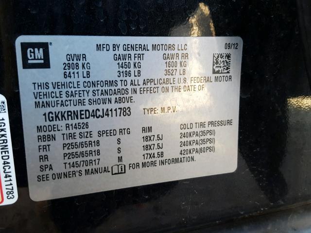 1GKKRNED4CJ411783 - 2012 GMC ACADIA SLE BLACK photo 10