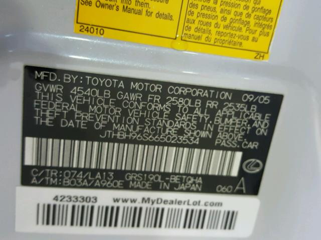 JTHBH96S665023534 - 2006 LEXUS GS GENERAT WHITE photo 10