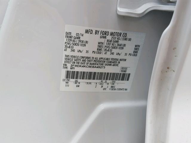 2FMDK4KC9EBA49273 - 2014 FORD EDGE LIMIT WHITE photo 10