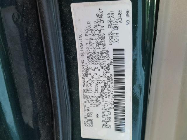 5TDZT38A73S183895 - 2003 TOYOTA SEQUOIA LI GREEN photo 10