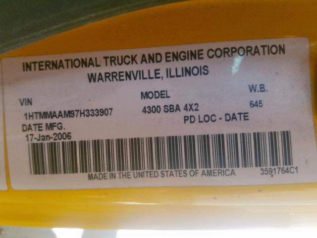 1HTMMAAM97H333907 - 2007 INTERNATIONAL 4000 4300 YELLOW photo 10