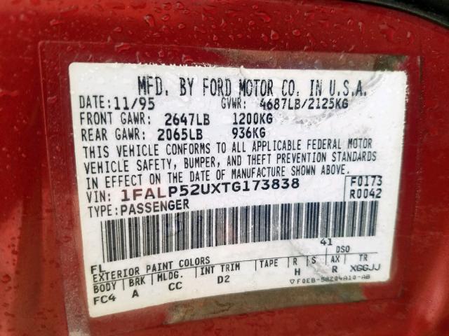 1FALP52UXTG173838 - 1996 FORD TAURUS GL RED photo 10