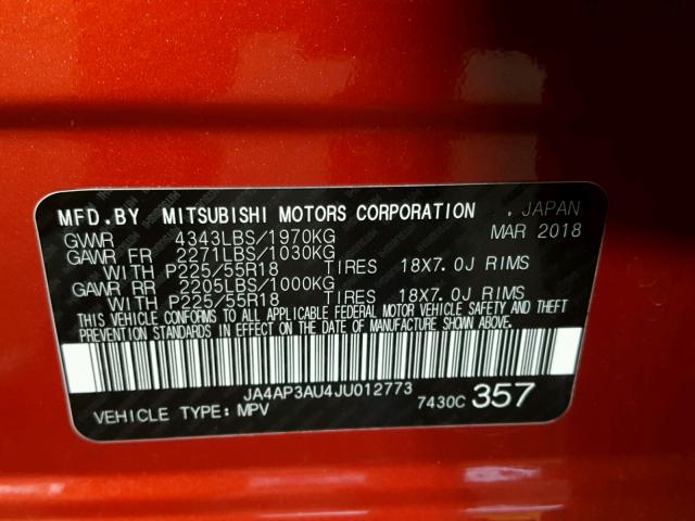 JA4AP3AU4JU012773 - 2018 MITSUBISHI OUTLANDER RED photo 10