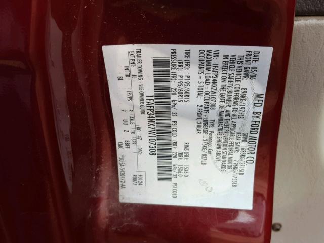 1FAFP34NX7W107308 - 2007 FORD FOCUS ZX4 MAROON photo 10