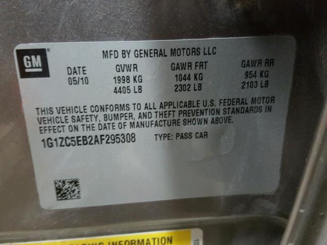 1G1ZC5EB2AF295308 - 2010 CHEVROLET MALIBU 1LT 棕色 照片 10