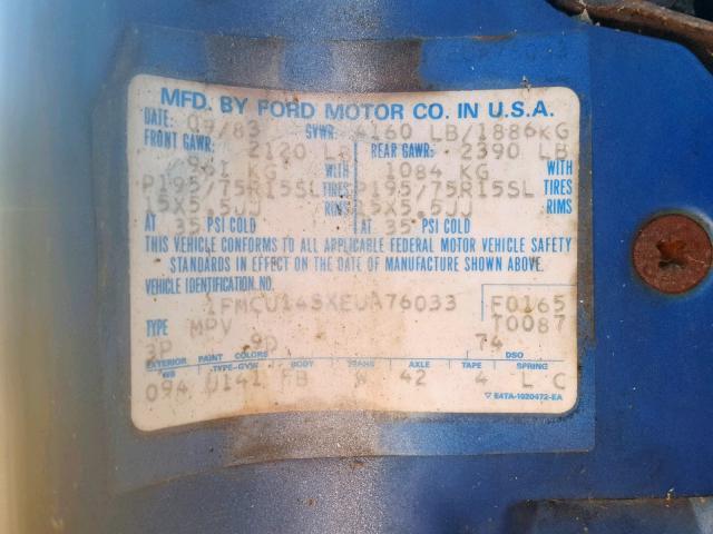 1FMCU14SXEUA76033 - 1984 FORD BRONCO II BLUE photo 10