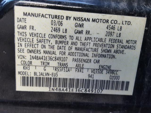 1N4BA41E36C849107 - 2006 NISSAN MAXIMA SE BLACK photo 10