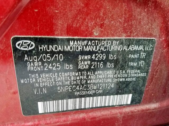 5NPEC4AC3BH121124 - 2011 HYUNDAI SONATA SE RED photo 10