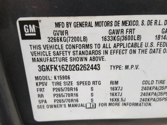 3GKFK16Z02G262443 - 2002 GMC YUKON XL K GRAY photo 10