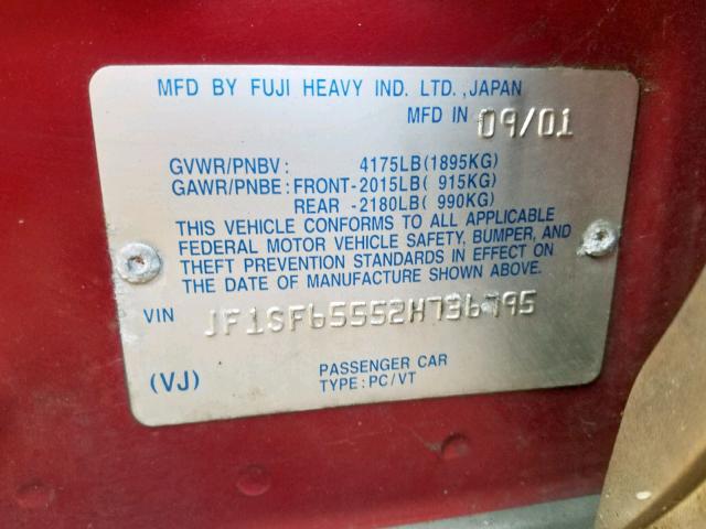 JF1SF65552H736795 - 2002 SUBARU FORESTER S RED photo 10