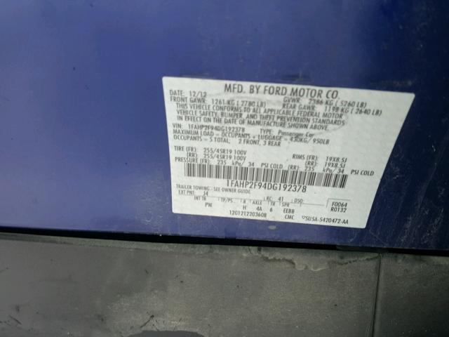 1FAHP2F94DG192378 - 2013 FORD TAURUS LIM BLUE photo 10