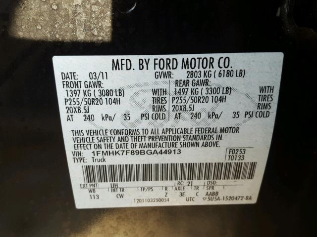 1FMHK7F89BGA44913 - 2011 FORD EXPLORER L BLACK photo 10